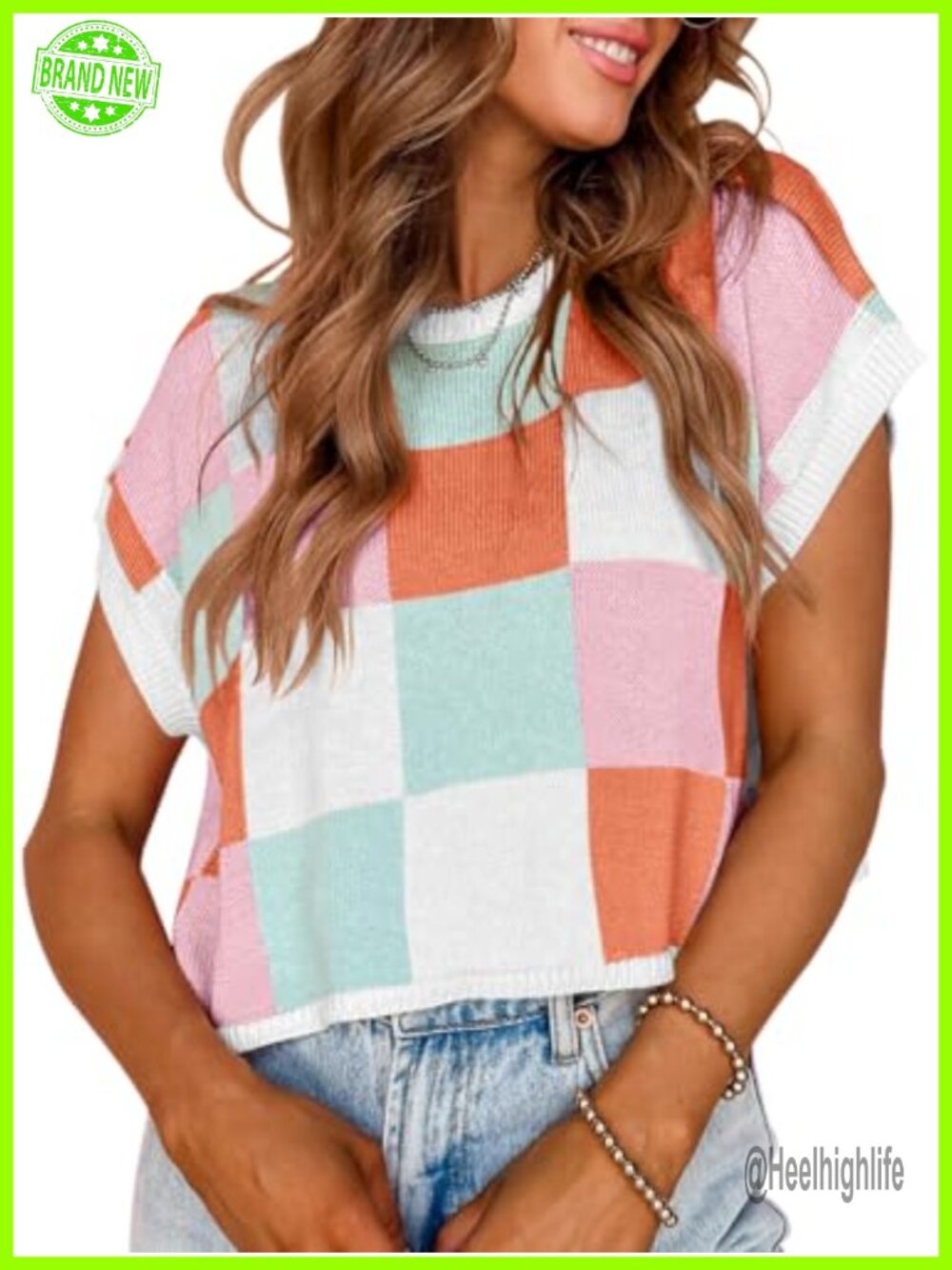 Womens Cap Sleeve Crop Top Summer Color Block Knit Sweater Pullover